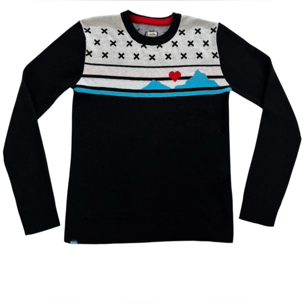 KAVU Mountain Landscape Crewneck Sweater Black White Red Heart Gorpcore XS